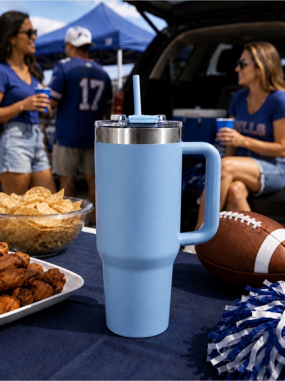 40 oz Travel Tumbler Clear Sky Blue With Handle